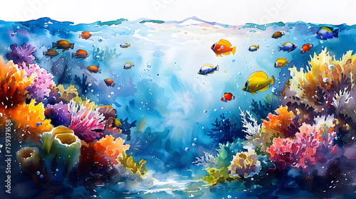 Watercolor Painting of Vibrant Underwater Seascape with Colorful Coral and Marine Life, Tranquil Ocean Scene, Diverse Marine Life, Explore the Beauty of Sea and Coastal Decoration.