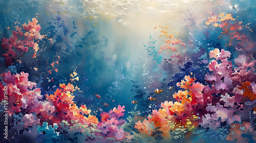 Watercolor Painting of Vibrant Underwater Seascape with Colorful Coral and Marine Life  Tranquil Ocean Scene  Diverse Marine Life  Explore the Beauty of Sea and Coastal Decoration.