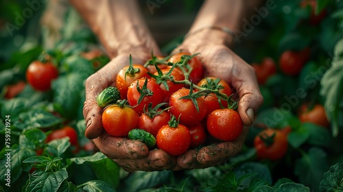 Man showing cherry tomatoes in plantation. © Eliz