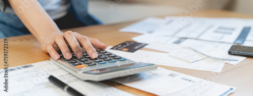 Financial household debt concept, stressed young asian woman trying to find money to pay credit card debt.