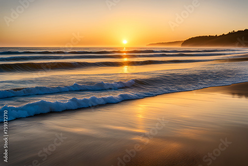 a serene beach scene at sunrise with golden sunlight reflecting off calm waves