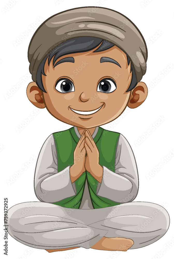 Cartoon of a boy sitting cross-legged with a respectful gesture Stock ...