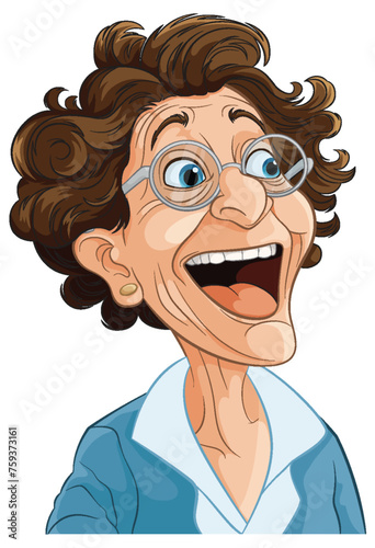 Cartoon of a happy, elderly woman wearing glasses
