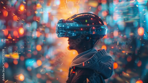 A person wearing a virtual reality headset exploring a digital world, showcasing the concept of virtual reality technology and immersive environments, Virtual reality exploration concept
