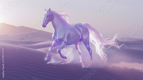 An ethereal lavender horse with an otherworldly aura, gliding effortlessly through the desert sands as if floating on air.