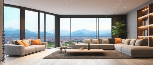 Panoramic 3D rendering of a modern living room interior, featuring contemporary furnishings and a spacious, open layout