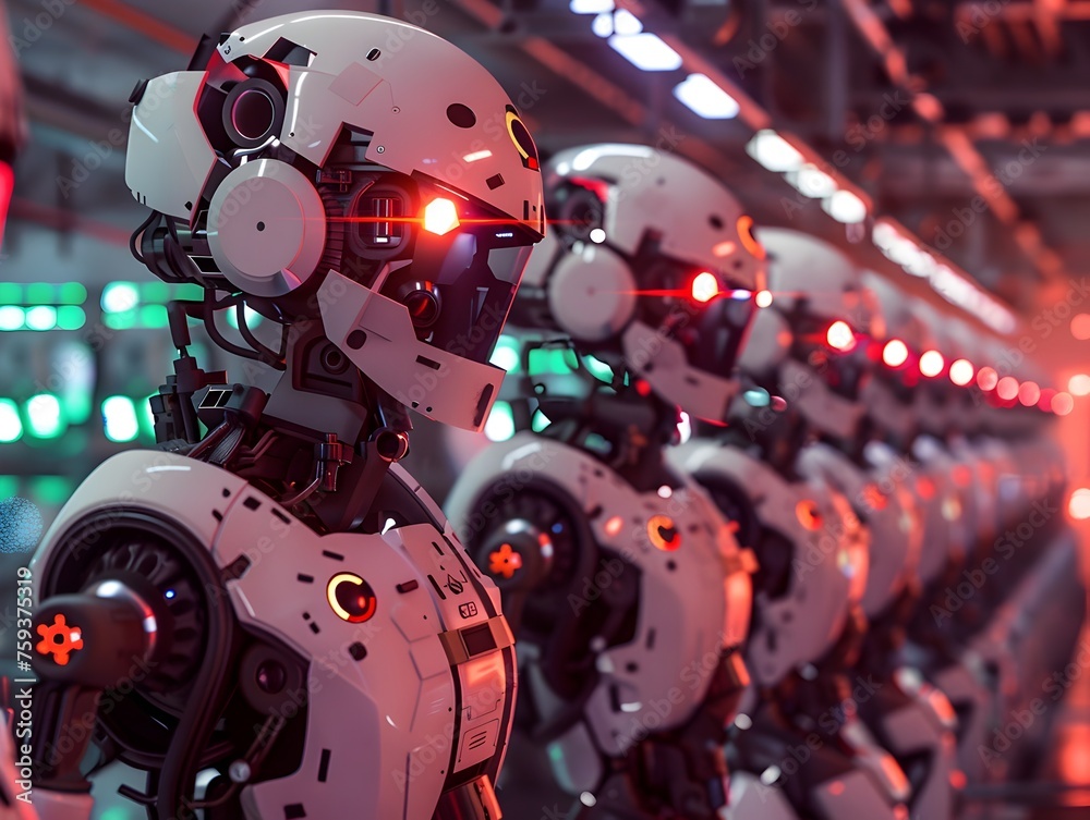 Fototapeta premium Futuristic Factory Line of White Humanoid Robots with Glowing Red Eyes and Hints of Cybersecurity Vulnerability