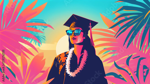 A young woman stands confidently in sunglasses, graduation cap and gown, symbolizing academic achievement and completion of studies