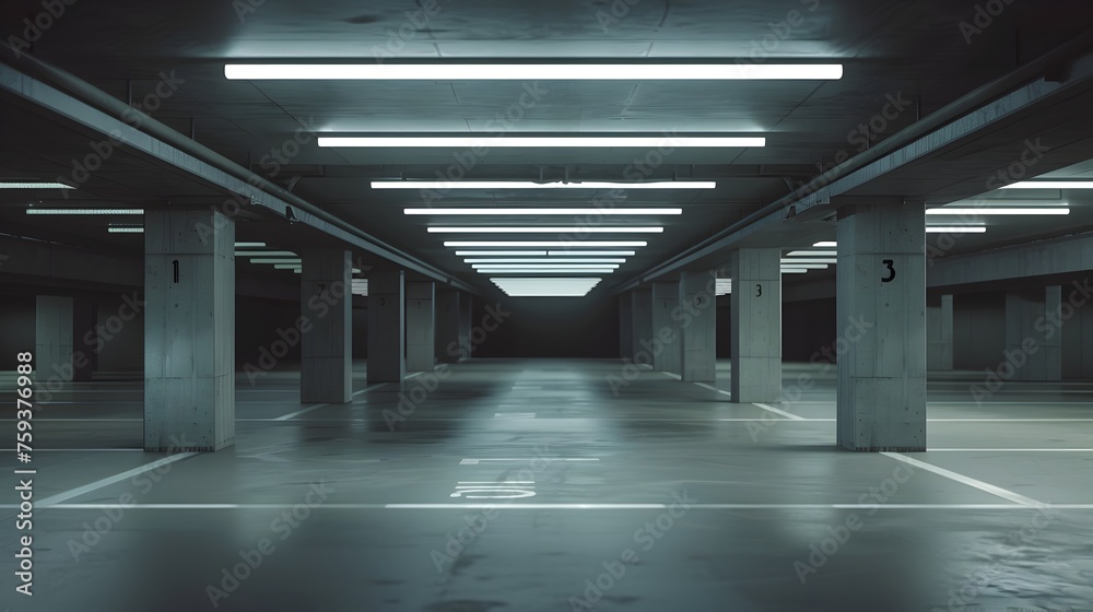 Minimalist Urban Architecture: Empty Underground Parking Lot with Concrete Beams and Numbered Spaces