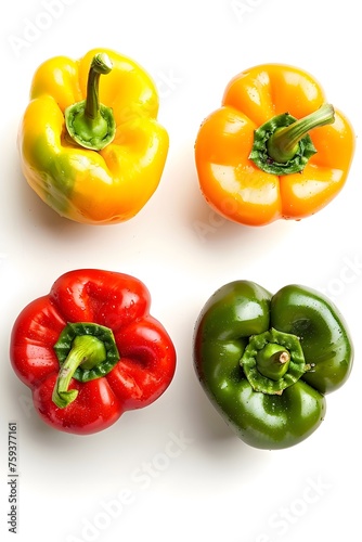 Four paprika in different colours (green, yellow, orange, red), isolated on white background, vegetable collection