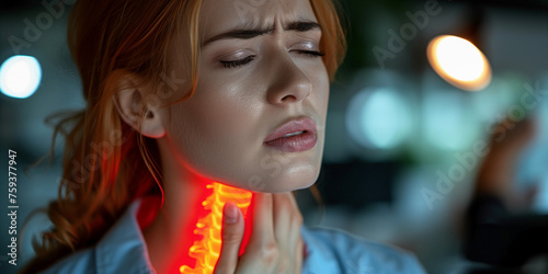 Woman experiencing sore throat and flu symptoms Concept of medicines for relief of sore throat and flu photo