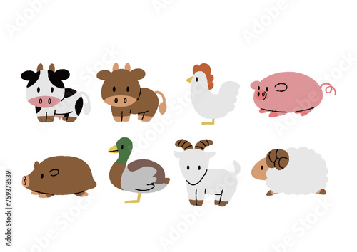 家畜、食用肉になる動物の可愛いアイコンセット