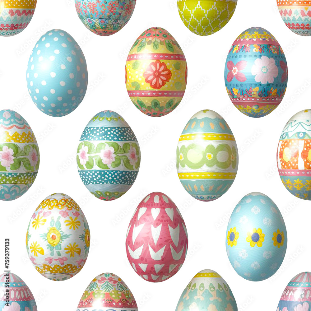 Easter background with realistic painted eggs isolated on a transparent background