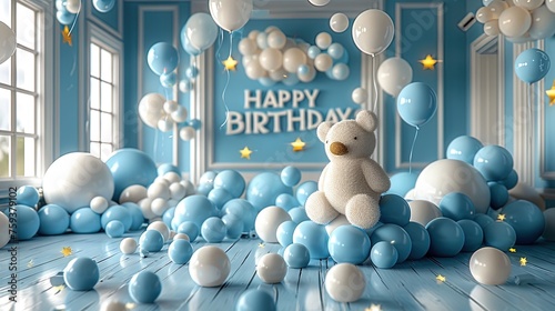 A beautiful greeting card with the inscription Happy Birthday for boys. Blue and white colors. Generative AI