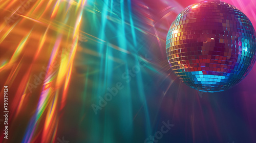 A disco ball suspended from the ceiling reflects light onto a vibrant, multicolored background in a dynamic setting