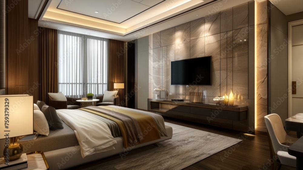 Naklejka premium Photo of luxury minimalism bedroom with bed, Tv, and desk