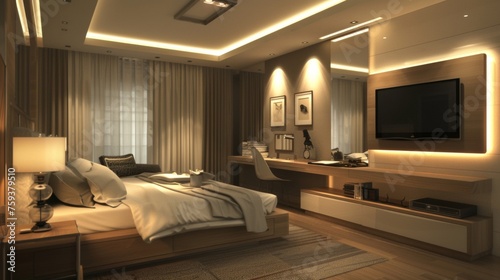 Photo of luxury minimalism bedroom with bed  Tv  and desk