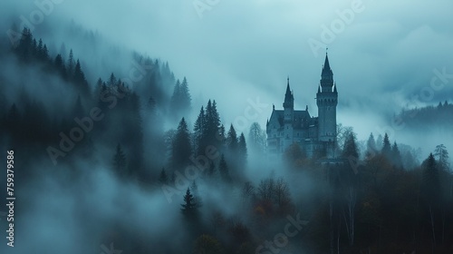 The old castle in the fog. Tranquil  mystical and mysterious atmosphere. Beauty landscape. Generative AI
