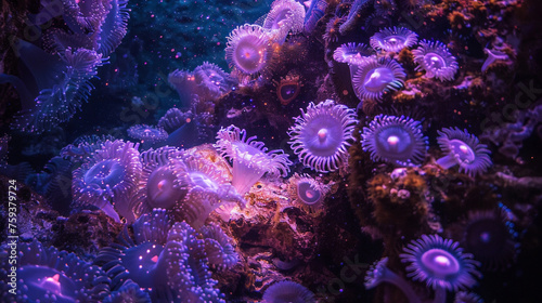 Beneath the ocean s surface lies a mesmerizing coral reef  illuminated by bioluminescent creatures with shimmering purple eyes that illuminate the underwater world like tiny stars.