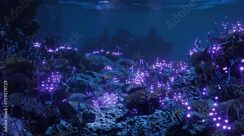 Beneath the ocean's surface lies a mesmerizing coral reef, illuminated by bioluminescent creatures with shimmering purple eyes that illuminate the underwater world like tiny stars.