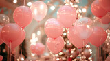 Blush pink balloons floating amidst holiday decorations, creating a soft and romantic ambiance.