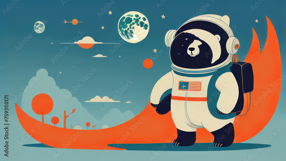 Naklejka premium illustration of a bear and the moon or illustration of a bear or polar bear cub or polar bear in the snow or polar bear on the ice or bear alien in the space or bear on the moon