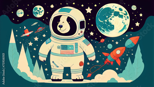 illustration of a bear and the moon or illustration of a bear or polar bear cub or polar bear in the snow or polar bear on the ice or bear alien in the space or bear on the moon