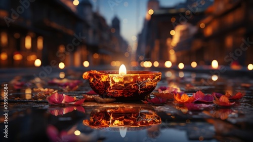 happy diwali background with burning candles, dark and blurred background