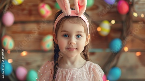 Portrait of a little girl with bunny ears and easter eggs 