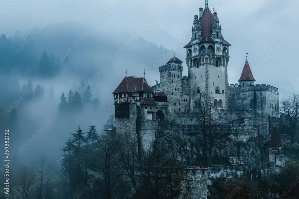 A medieval castle surrounded by misty mountains and dark forests