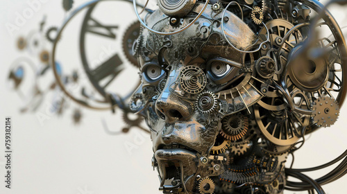 A humanoid clockwork figure intricately adorned with gears and wires