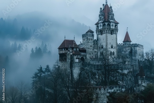 A medieval castle surrounded by misty mountains and dark forests