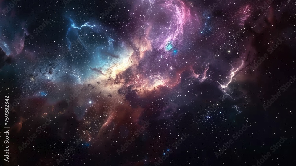 A dreamy celestial background featuring stars nebulae