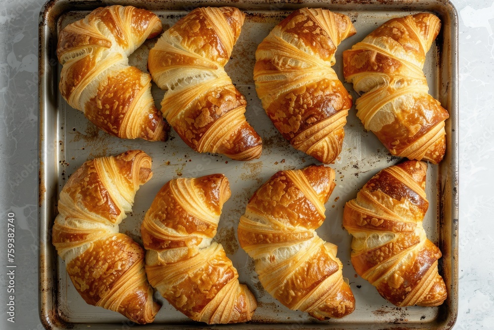 An overhead shot of a baking tray filled with golden brown croissants