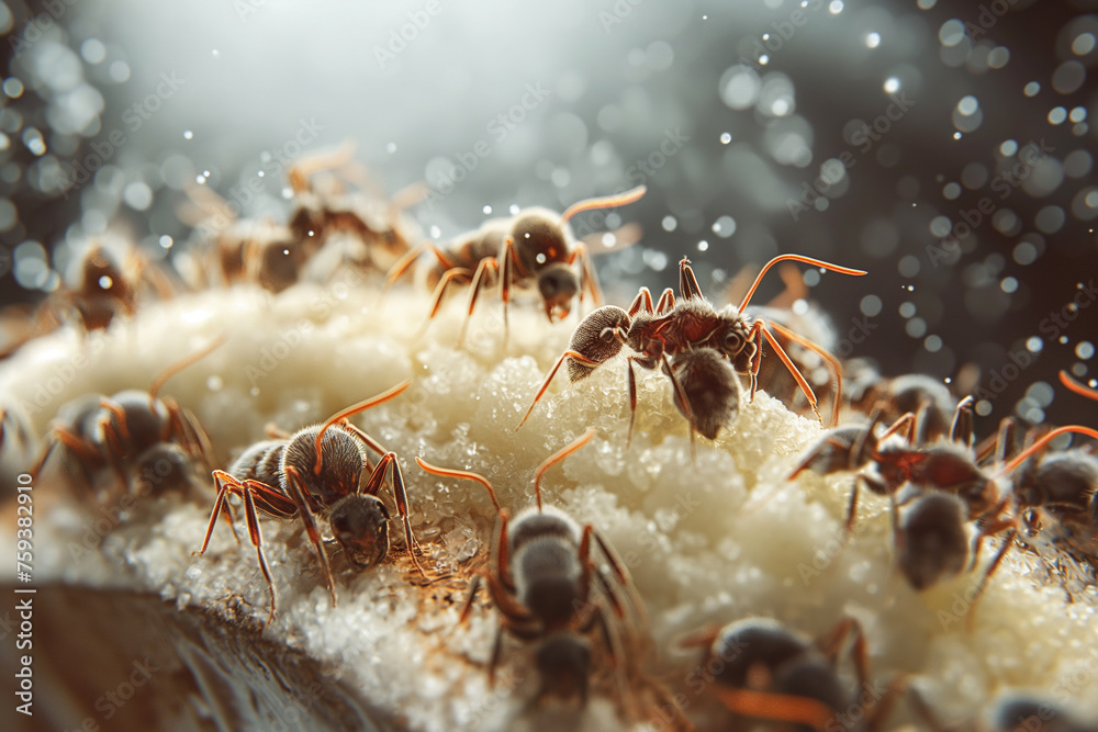 Group of ants, brown, macro, 3D cartoon, full of ants in close-up detail.