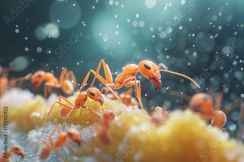 Group of ants, brown, macro, 3D cartoon, full of ants in close-up detail. © atitaph