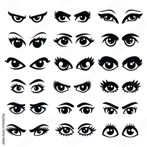 EIGHTEEN VECTOR SILHOUETTE SET OF EYES ISOLATED ON WHITE BACKGROUND