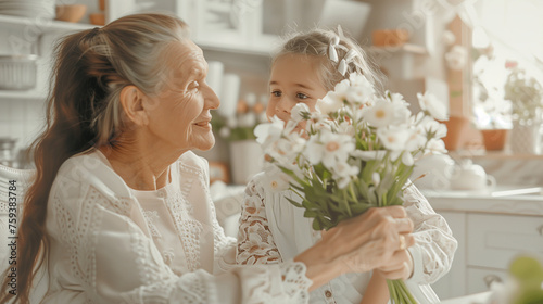 A woman holds a colorful bouquet of flowers next to a little girl, sharing a tender moment as they admire the blooms, senior mother with daughter, Mother`s Day concept
