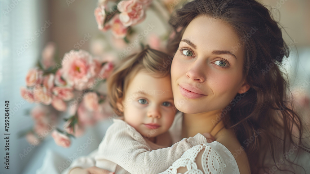 A mother tenderly holds her young child in her arms, a moment of pure love and protection captured in a peaceful embrace, Mother`s Day concept A mother tenderly holds her young child in her arms, a moment of pure love and protection captured in a peaceful embrace, Mother`s Day concept