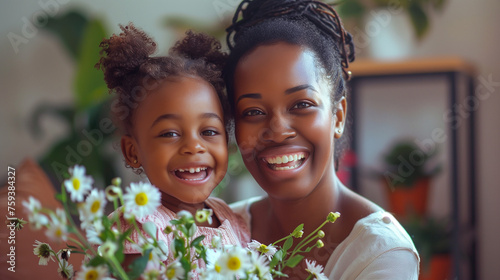 A woman cradles a child tenderly in one arm while holding a colorful bouquet of flowers in the other, Black Mother with child, Mother`s Day Concept