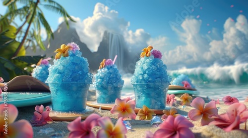 Blue Hawaii shaved ice at a 3D cartoon beach party