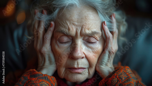Elderly Woman is Having Headaches and Holding Her Head Pain extreme closeup. Generative AI