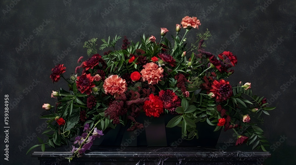 Mysterious Moody Floral Arrangement with Dark Red Carnations and Roses in Square Black Vases on Old Marble Table