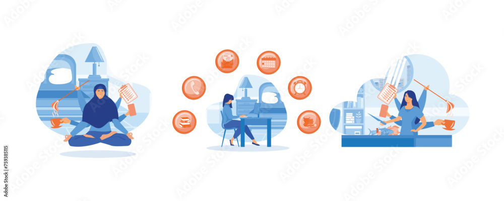 Multitasking Work concept. Happy business woman with multitasking skills sitting at his laptop. Overloaded person in pressure. Set flat vector modern illustration Multitasking Work concept. Happy business woman with multitasking skills sitting at his laptop. Overloaded person in pressure. Set flat vector modern illustration