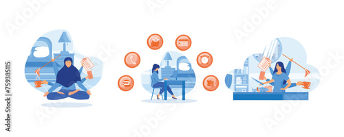 Multitasking Work concept. Happy business woman with multitasking skills sitting at his laptop. Overloaded person in pressure. Set flat vector modern illustration