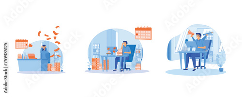 Manager sitting at computer desk with stack of documents in mess. Asleep depressed tired hard work. An Office Worker Overwhelmed by Work, Reports, and Calls. Set flat vector modern illustration