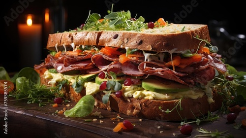 Delicious sandwich full of meat and vegetables, black and blur background