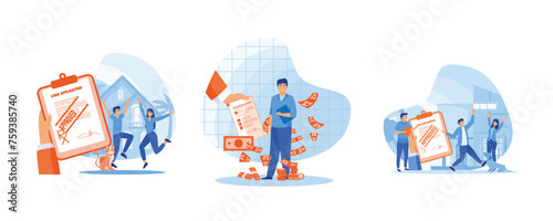 Mortgage or credit form. Satisfied businessman hold good financial notice. People borrow money from bank to buy real estate or auto. Set flat vector modern illustration