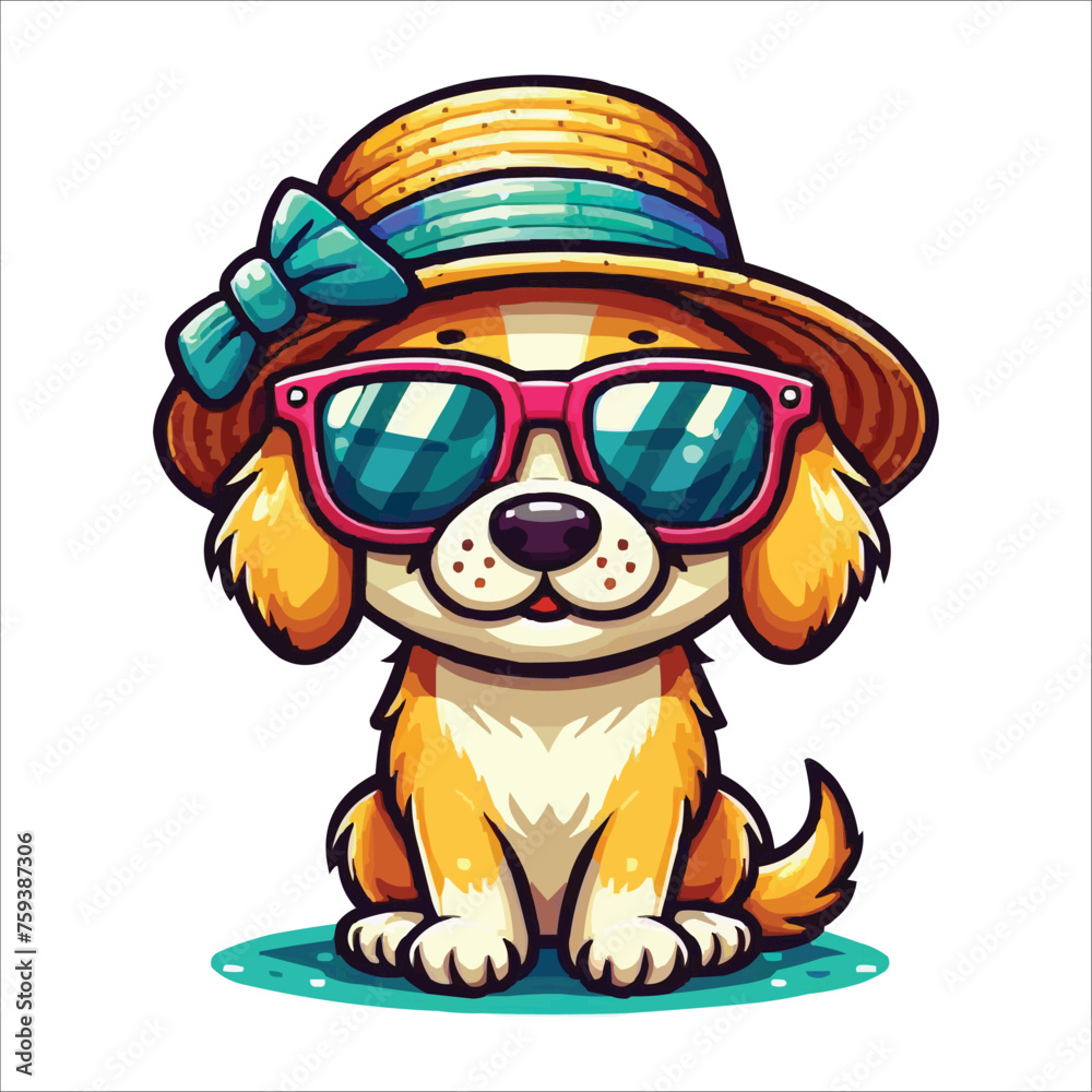 vector Summer cartoon dog with hat and sunglass vector Summer cartoon dog with hat and sunglass