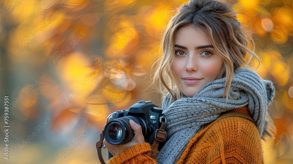 Female photographer with camera in the autumn Female photographer with camera in the autumn